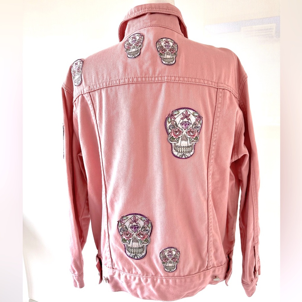 Miss Guided Pink Custom Skull Face Jean Jacket